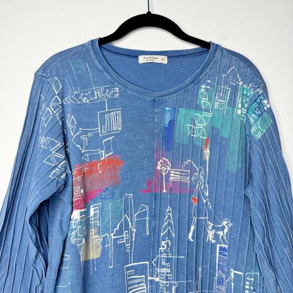 Jess & Jane Mineral Wash City Abstract Tunic Top Blue Lagenlook Artsy Medium - Picture 2 of 9
